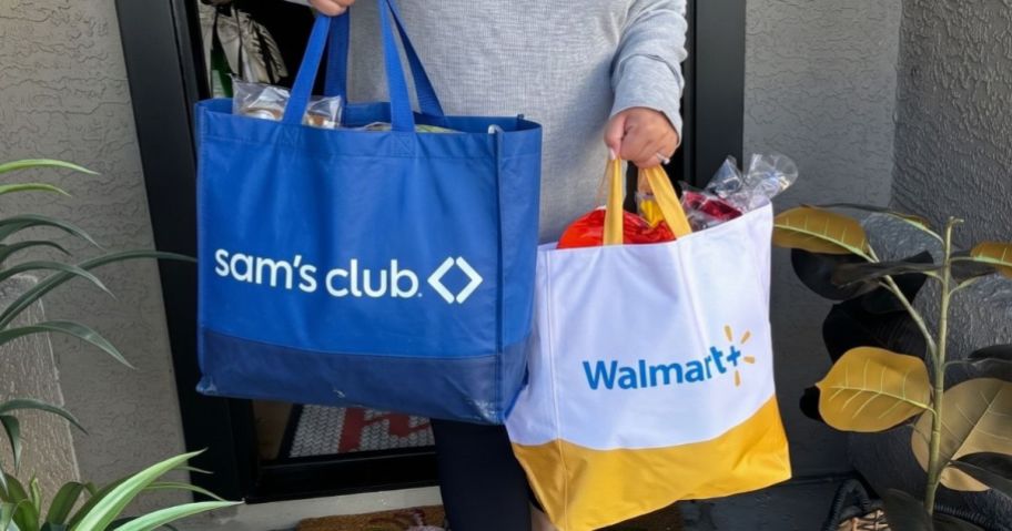 Woman on a porch holding a Sam's Club Delivery Bag and a Walmart+ Delivery Bag