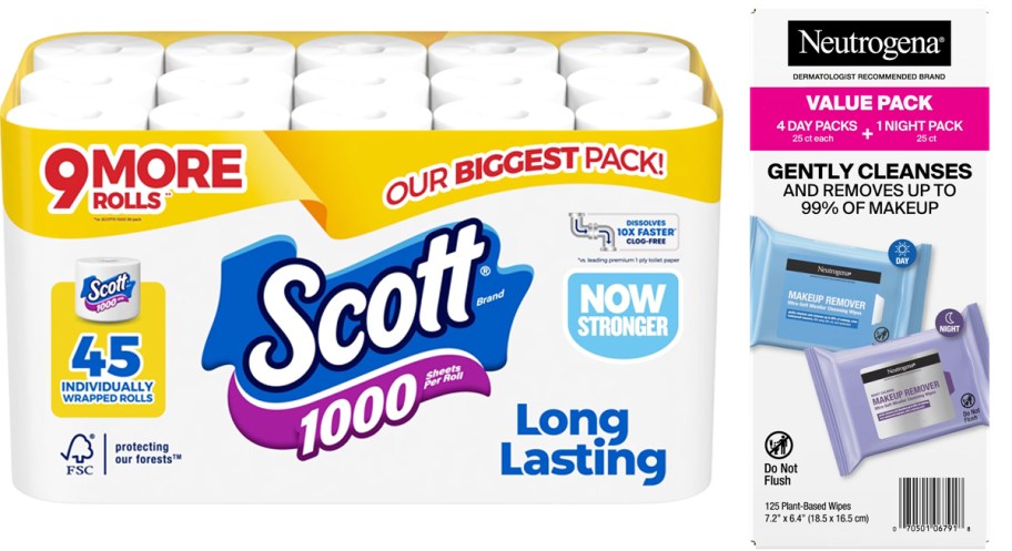 scott toilet paper and neutrogena makeup wipes