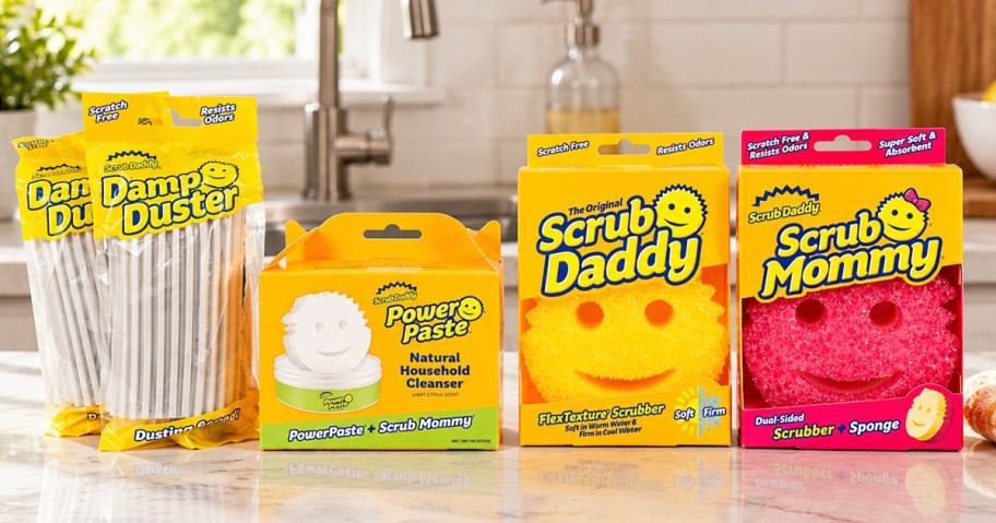 Scrub Daddy sponges, dusters, and power paste on kitchen counter