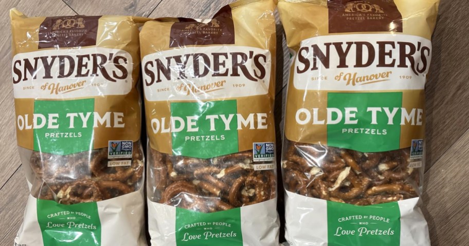 three bags of Snyder's of Hanover Old Tyme Pretzels