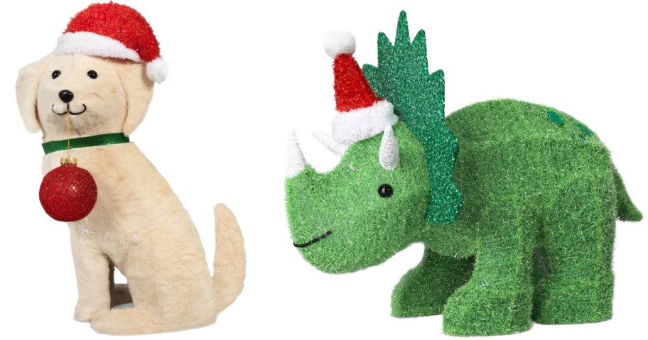 Stock image of a Wondershop FauxFur Retriever and Dinosaur Christmas Decoration