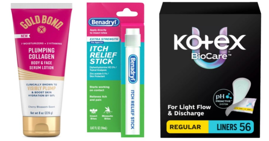 lotion, itch relief spray and panty liners