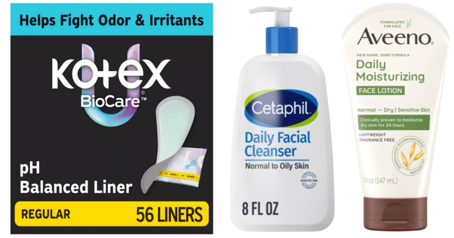 panty liners, face wash and face lotion
