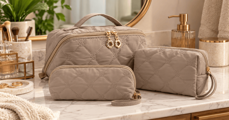 Taupe Quilted Cosmetic Bag 3-Piece Set
