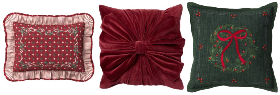 Threshold Holiday Floral Block Print with Stripe Ruffle Pillow, Threshold Designed with Studio McGee 20 x 20 Burgundy Bow Pillow, Threshold Embroidered Christmas Wreath Pillow Evergreen