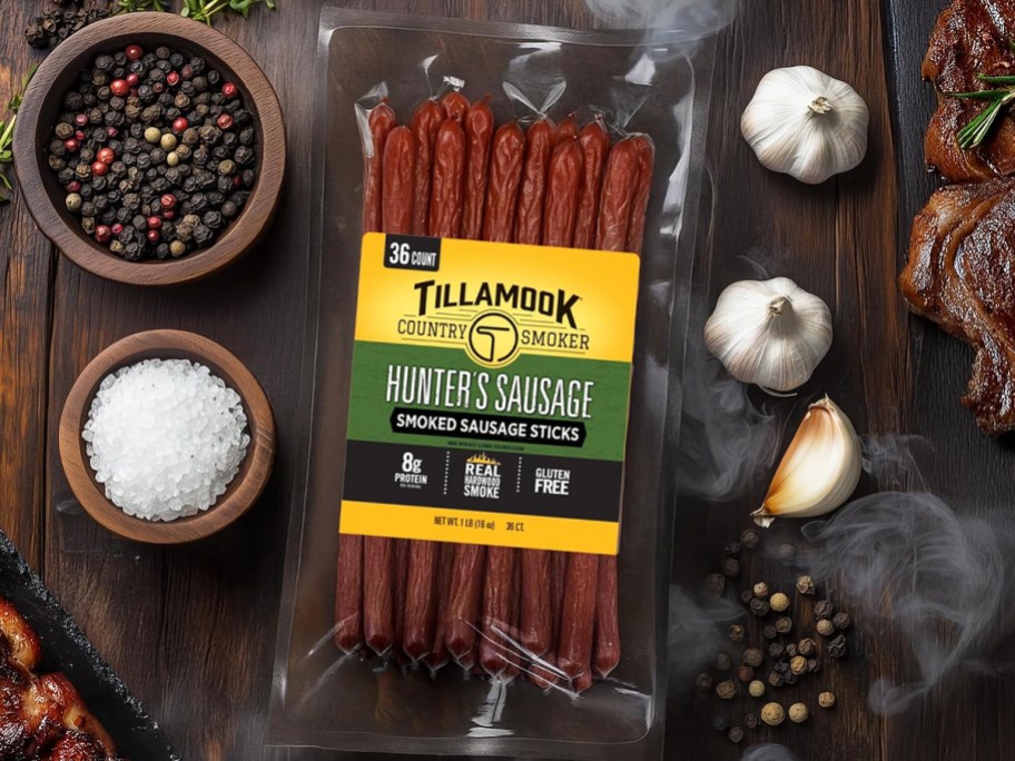 pack of Tillamook Hunter’s Sausage Smoked Sausage Sticks on table near seasonings