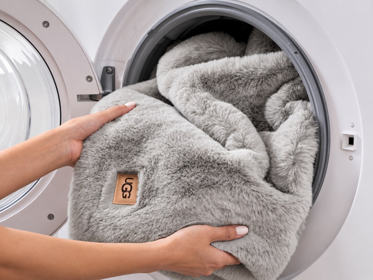 Woman pulling Ugg throw blanket out of washing machine