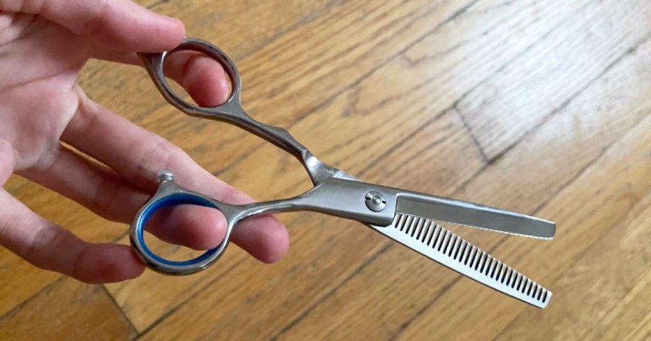 hand holding a silver pair of Hair Thinning Scissors