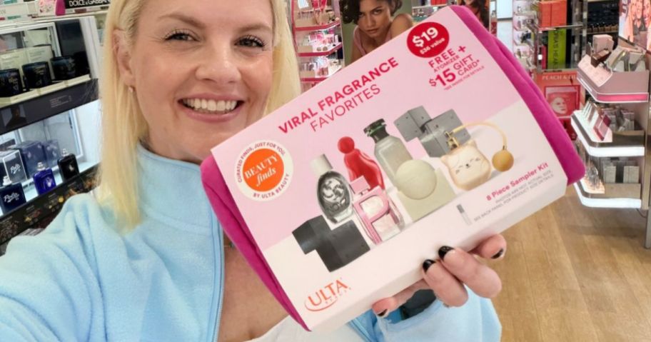Woman holding Ulta Viral Fragrance favorites Gift Set