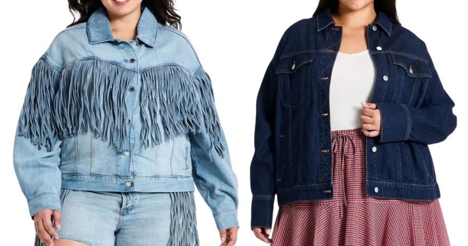 Universal Thread Women's Fringe Denim Jacket and Ava & Viv Women's Plus Boyfriend Trucker Denim Jacket