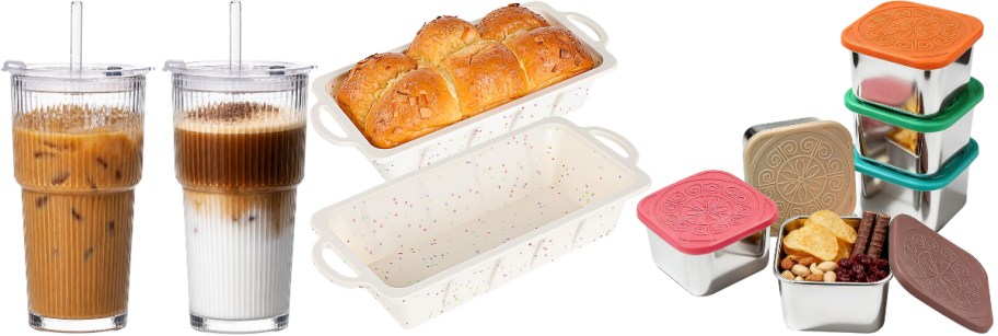iced coffee cups loaf pans and food storage containers