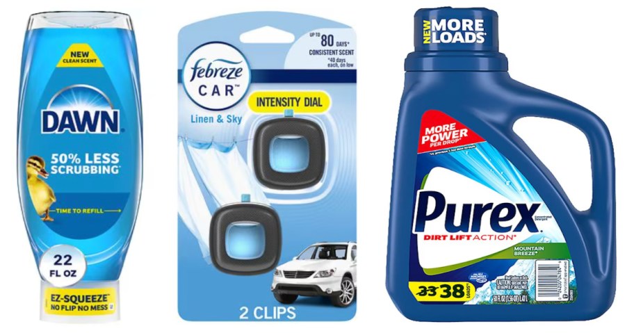dish soap, 2 car air fresheners and laundry detergent