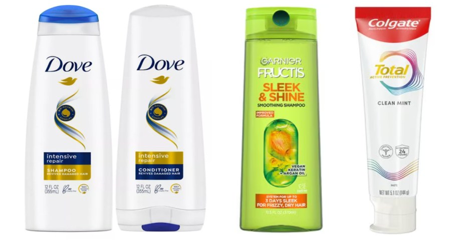 three bottles of shampoo and tube of toothpaste