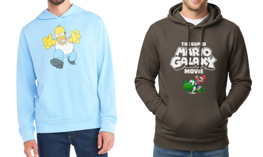 two men in simpsons and super mario hoodies