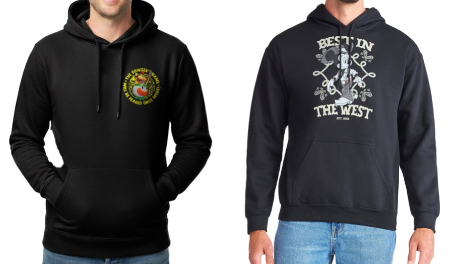 two men in super mario and mickey mouse hoodies