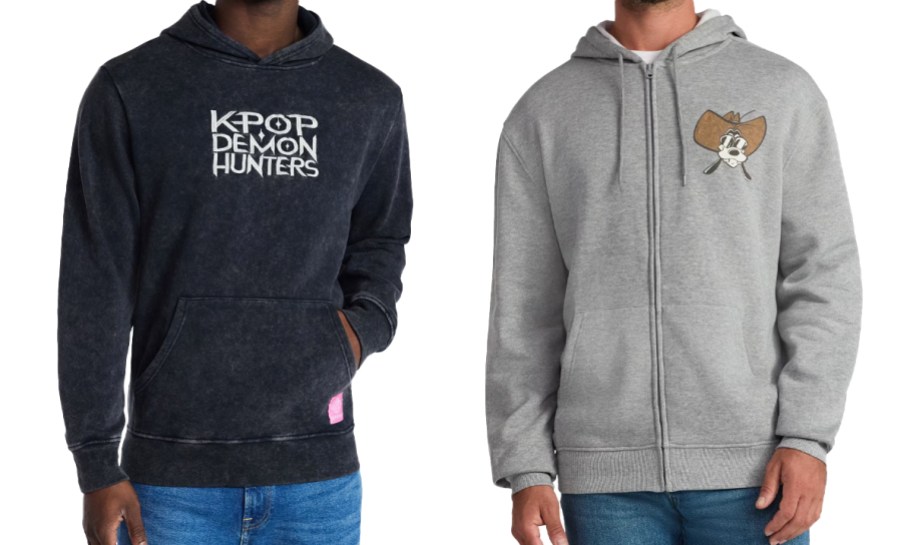 men in K-Pop Demon Hunter and Disney Goofy hoodies