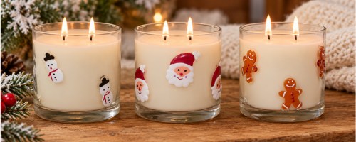 Holiday icon candles on wooden tabletop