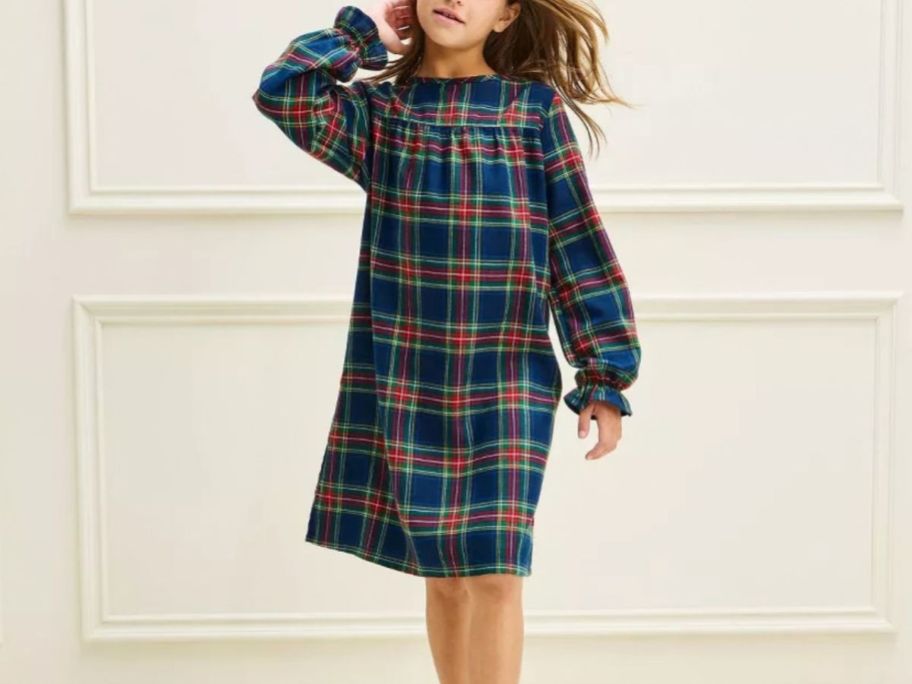girl wearing Wondershop Navy Plaid Holiday Matching Nightgown