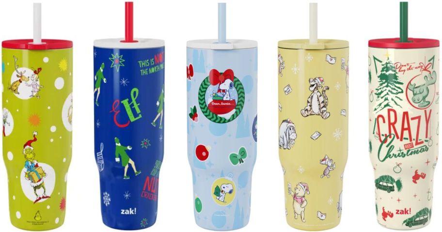 Zak Holiday Tumblers featuring The Grnch, Elf, Snoopy, Winnie the Pooh, and National Lampoon's Christmas Vacation