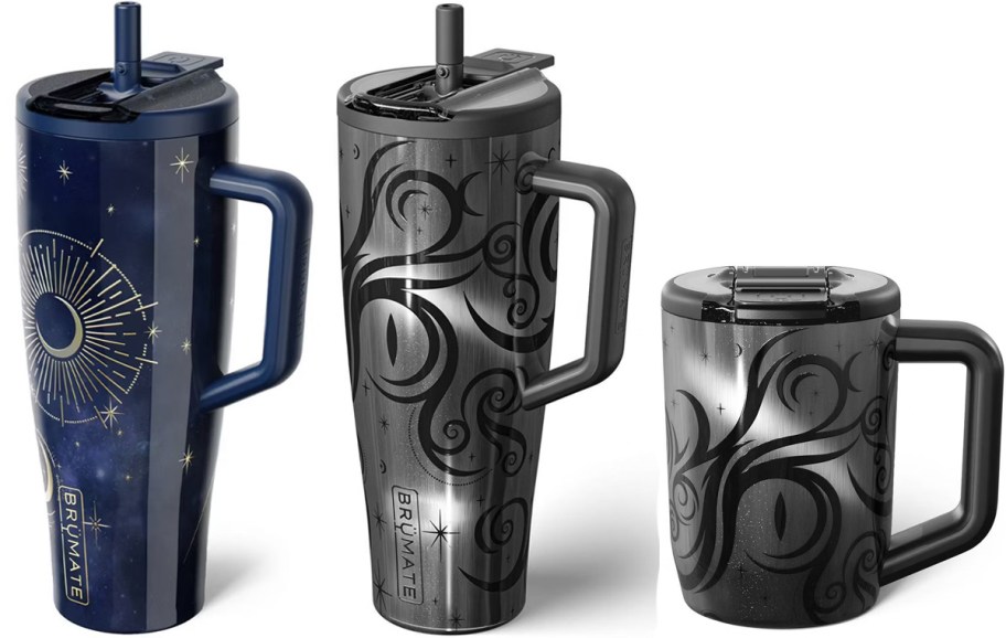 blue, and black tumblers and mugs 