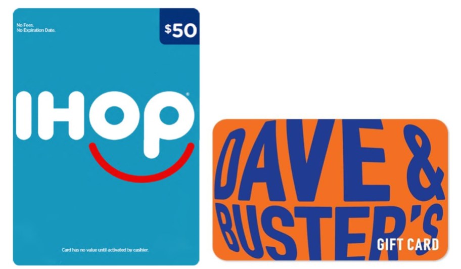 blue IHOP and dave & buster gifr cards