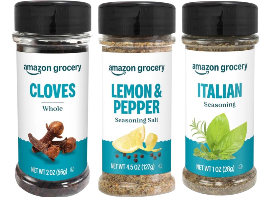 bottles of amazon spices: whole cloves, lemon pepper, italian seasoning