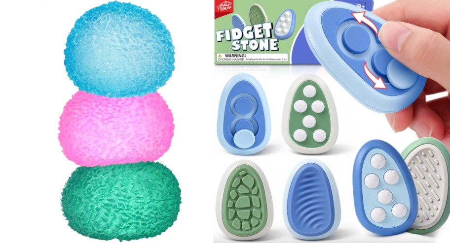 3 stacked squishy balls and fidget stones