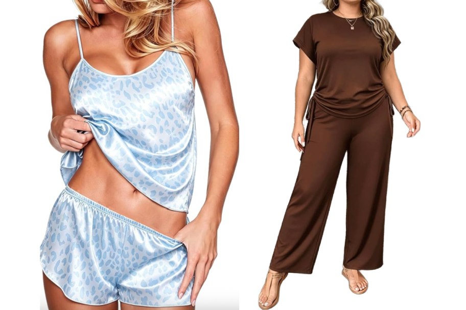 women in light blue pajamas and brown set