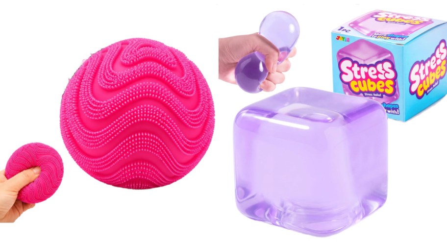 pink fuzzy squishy and purple squish cube