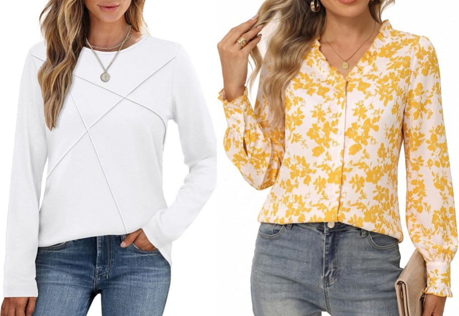 women wearing white and yellow floral tees