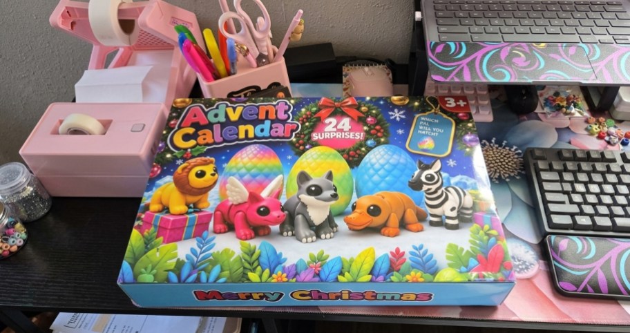 animal advent calendar on a kids desk