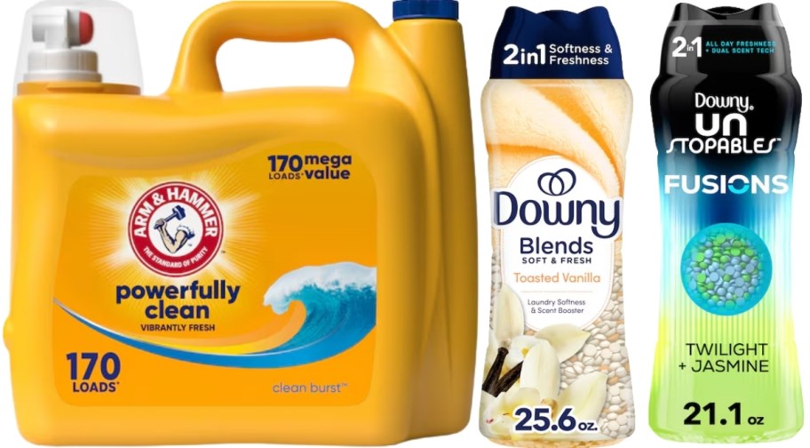 arm & hammer liquid laundry detergent and downy scent booster beads