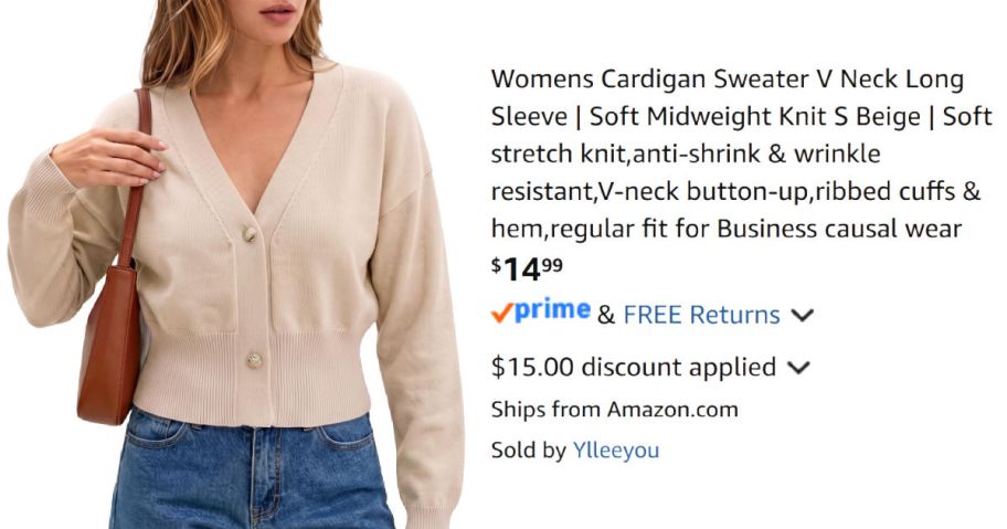 woman wearing beige cardigan next to Amazon pricing information