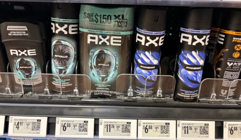axe deodorants and body sprays on a store shelf