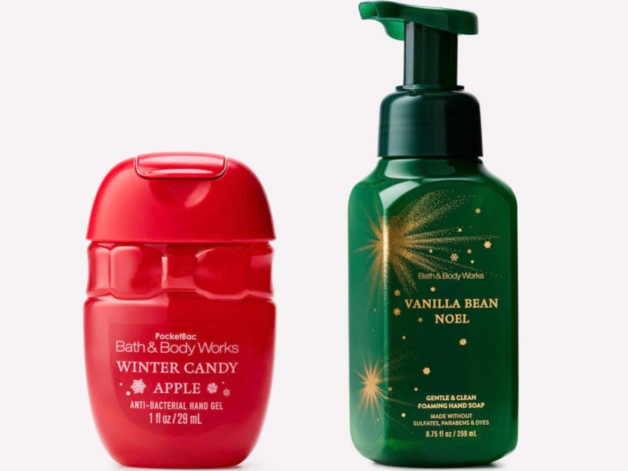 red sanitizer and green foaming hand wash