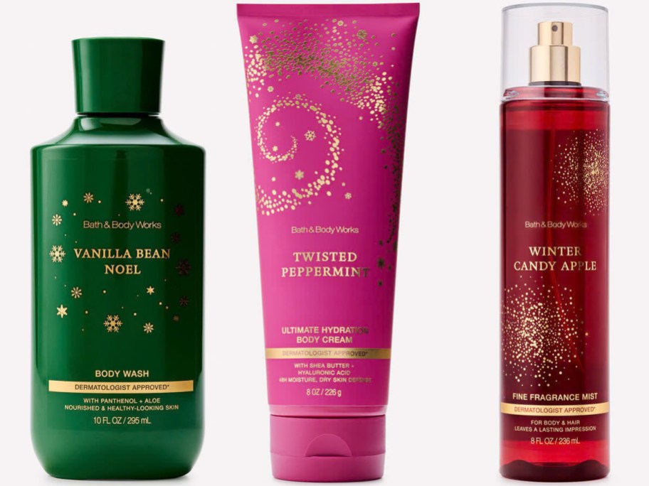 body wash, cream, and mist bottles