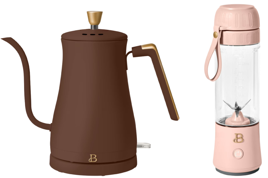 brown electric kettle and pink personal blender