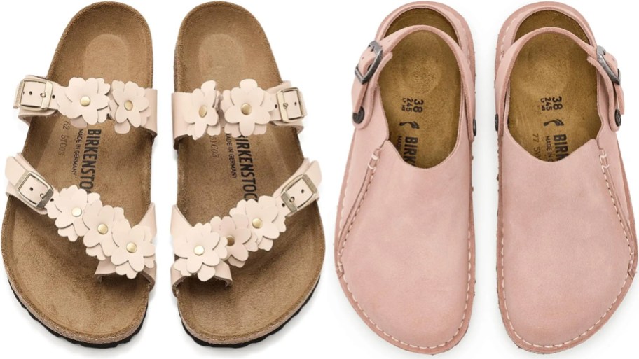 flower sandals and pink clogs