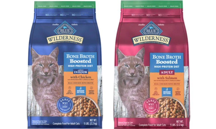 blue and red cat food bags