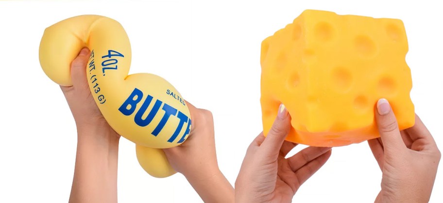 hands holding butter and cheese squishys 