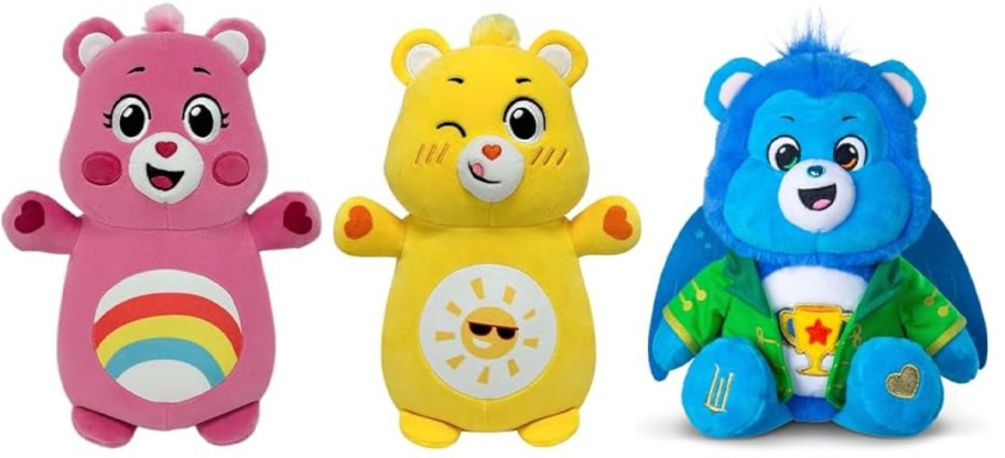 pink, yellow, and bluie bear plushes 