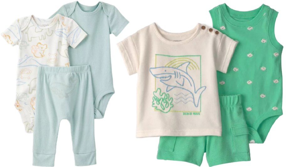 Carter's baby clothing sets including a light blue ribbed bodysuit and pants set with animal graphics, and a white t-shirt featuring a shark graphic and "Beach Move" text paired with green cargo shorts and a green patterned bodysuit.