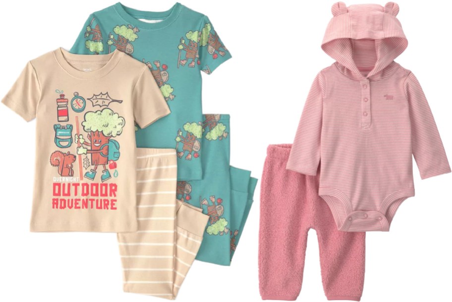 Carter's baby clothing sets including a tan and teal pajama set with outdoor adventure graphics and tree characters, alongside a pink striped hooded bodysuit with bear ears paired with fuzzy pink pants.