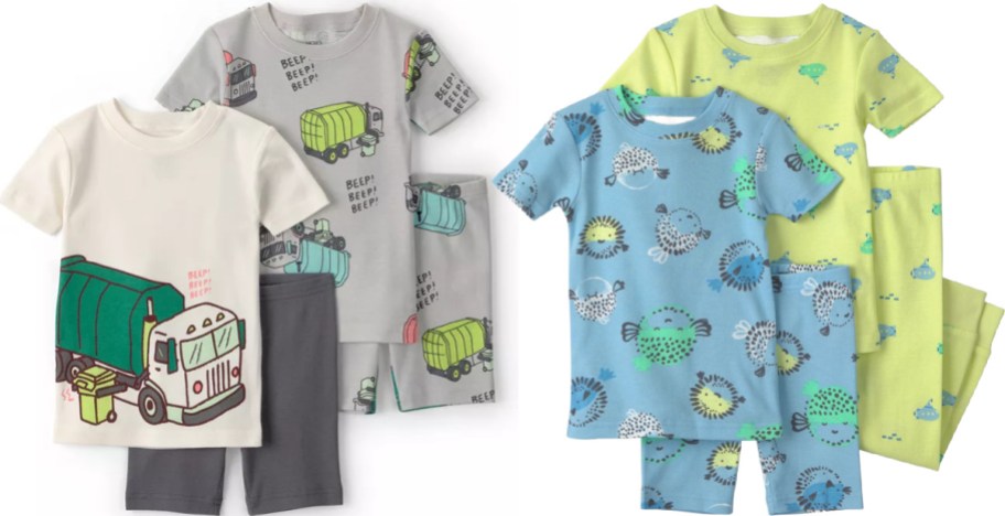 Carter's baby pajama sets including a cream and gray set featuring a garbage truck graphic with "beep" text and dark shorts, and a blue and yellow set featuring a sea creature and submarine pattern.