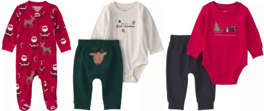 Carter's baby Christmas pajamas and holiday outfits featuring a red footed sleeper with a Santa and reindeer print, a white bodysuit with green pants showing a reindeer face, and a red bodysuit with dark pants and a penguin design.