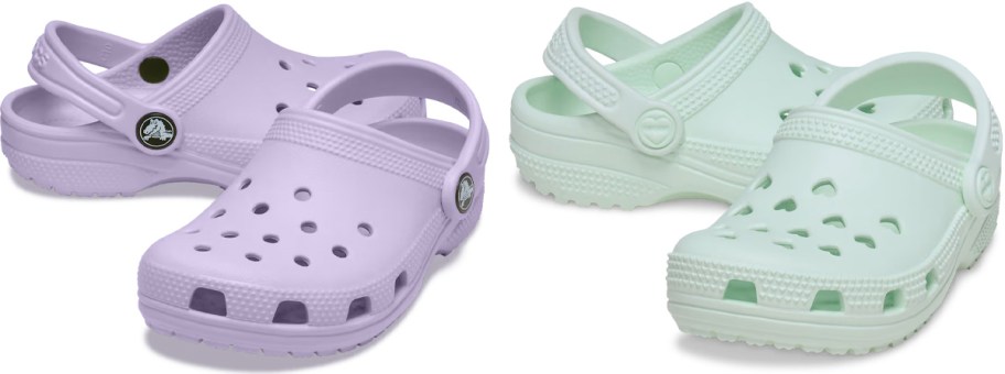 purple and green clogs 