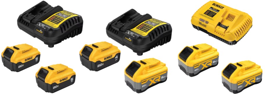 3 different dewalt battery packs with chargers
