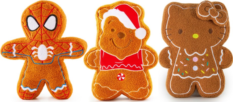 spiderman, pooh, and hello kitty gingerbread pillows