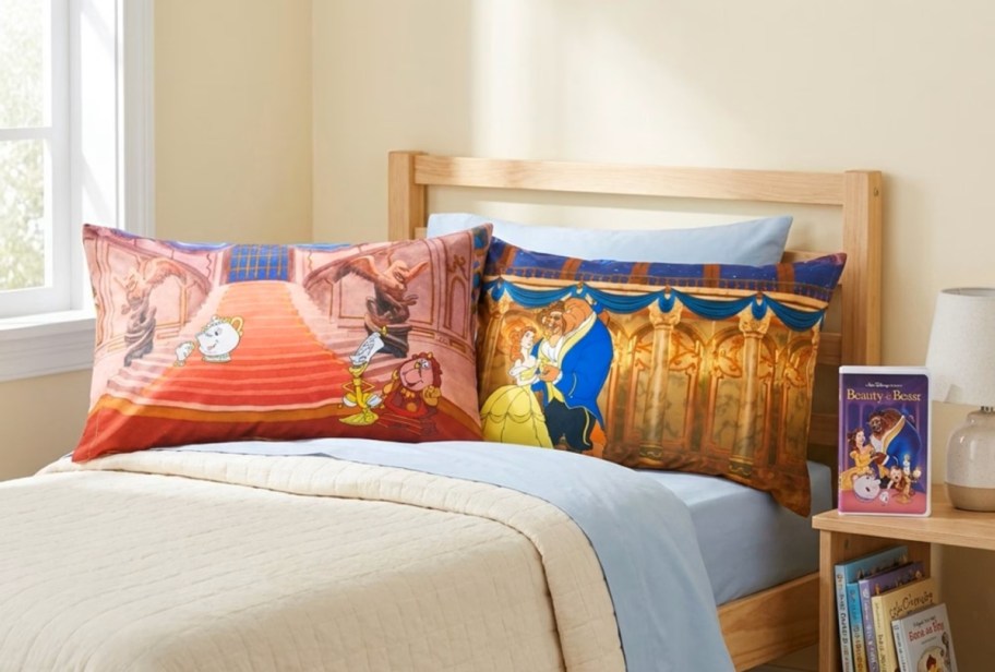 bed shown with two disney pillows