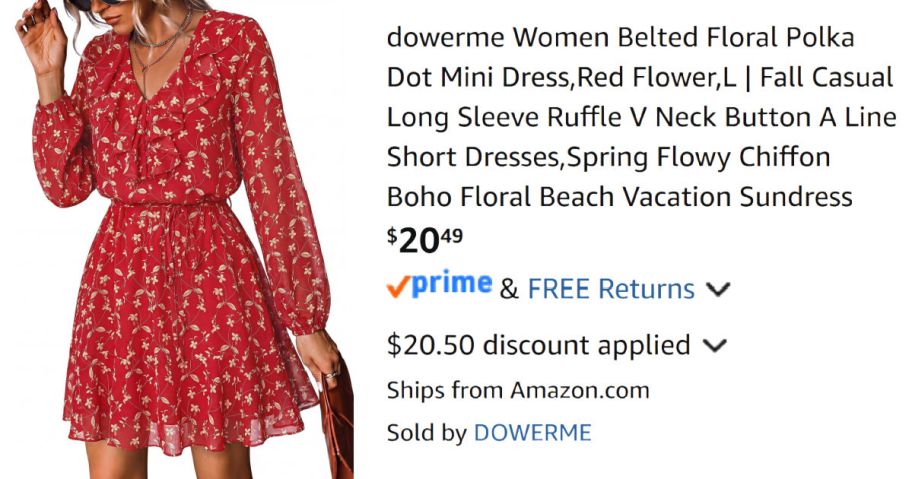 woman wearing red dress next to Amazon pricing information